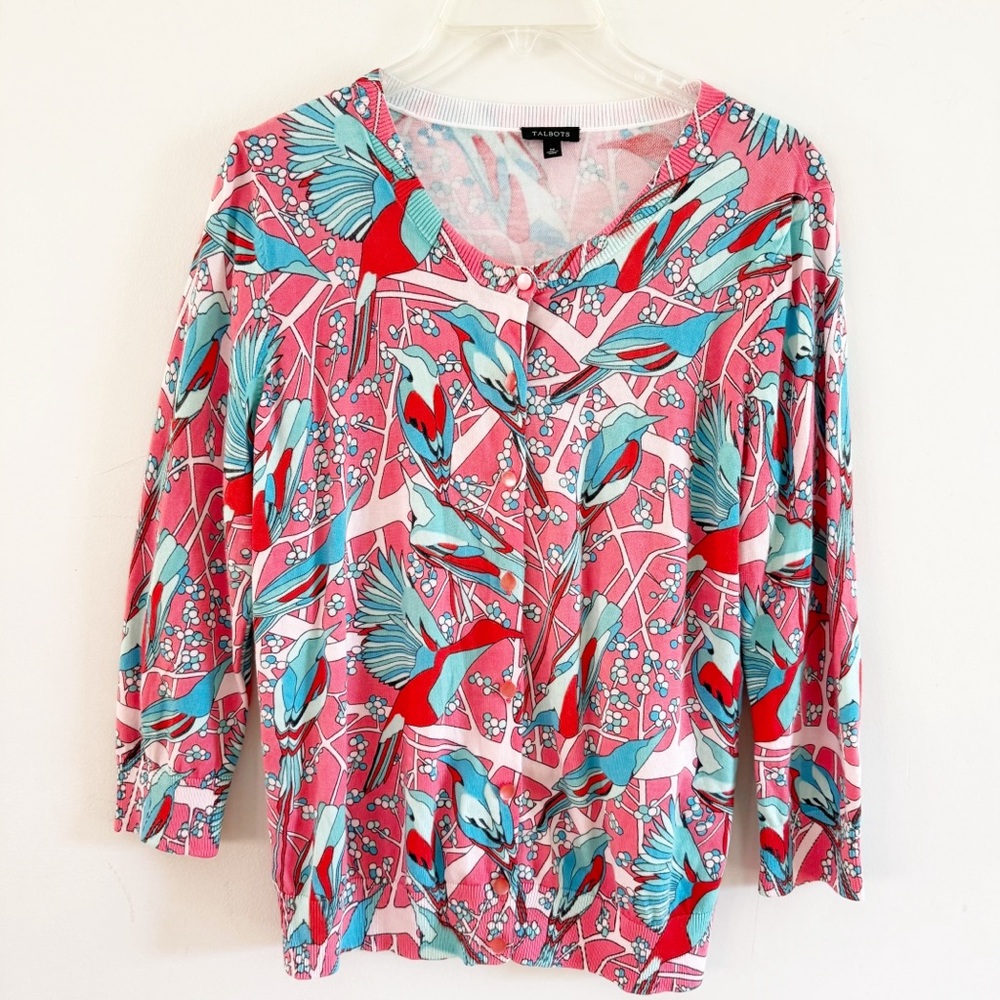 Talbots Women Bird Novelty Print Cardigan Medium Office Casual Modest Artsy Twee